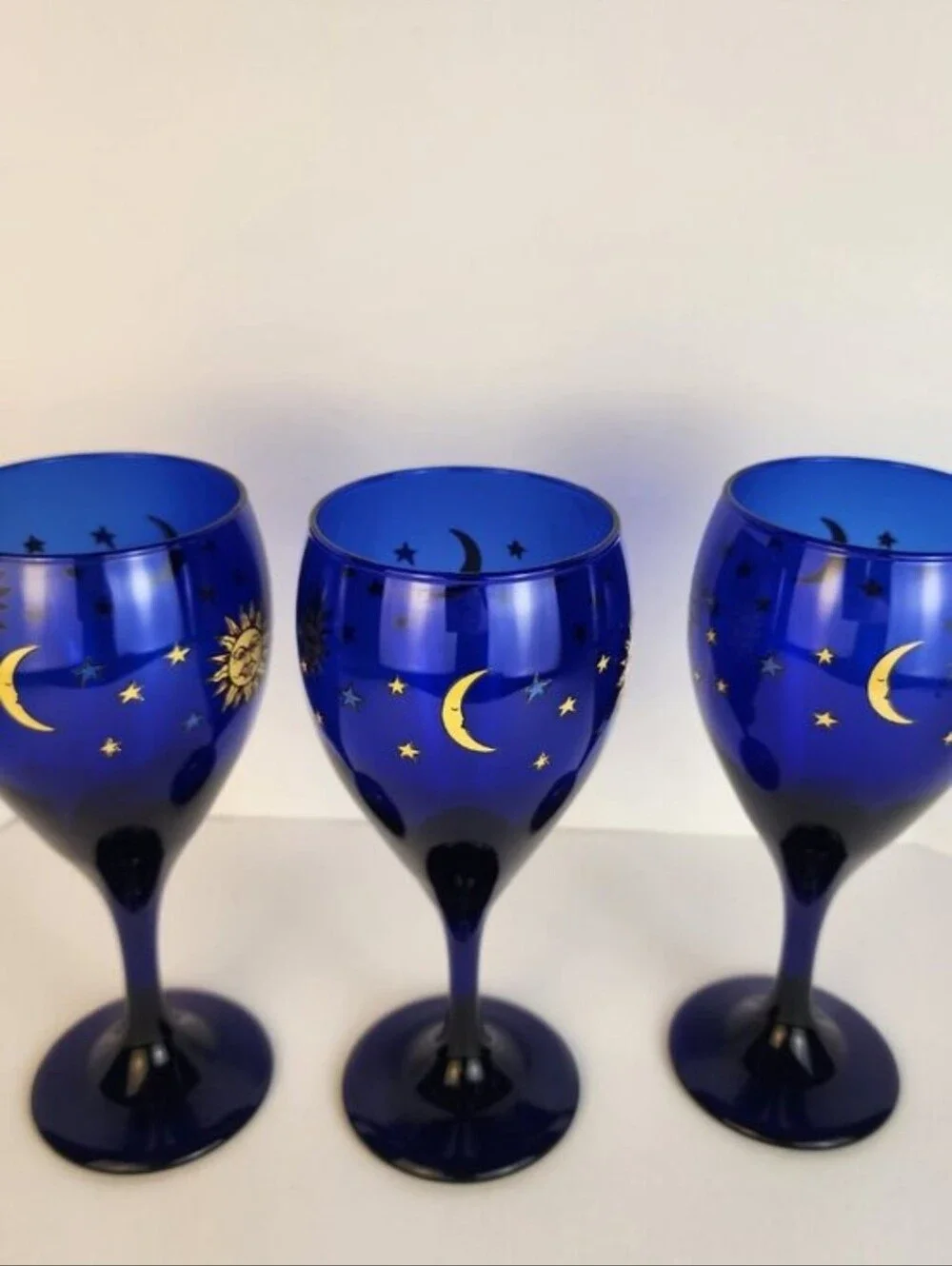 Libbey Cobalt Blue Wine Glasses with Gold Sun and Star Motif